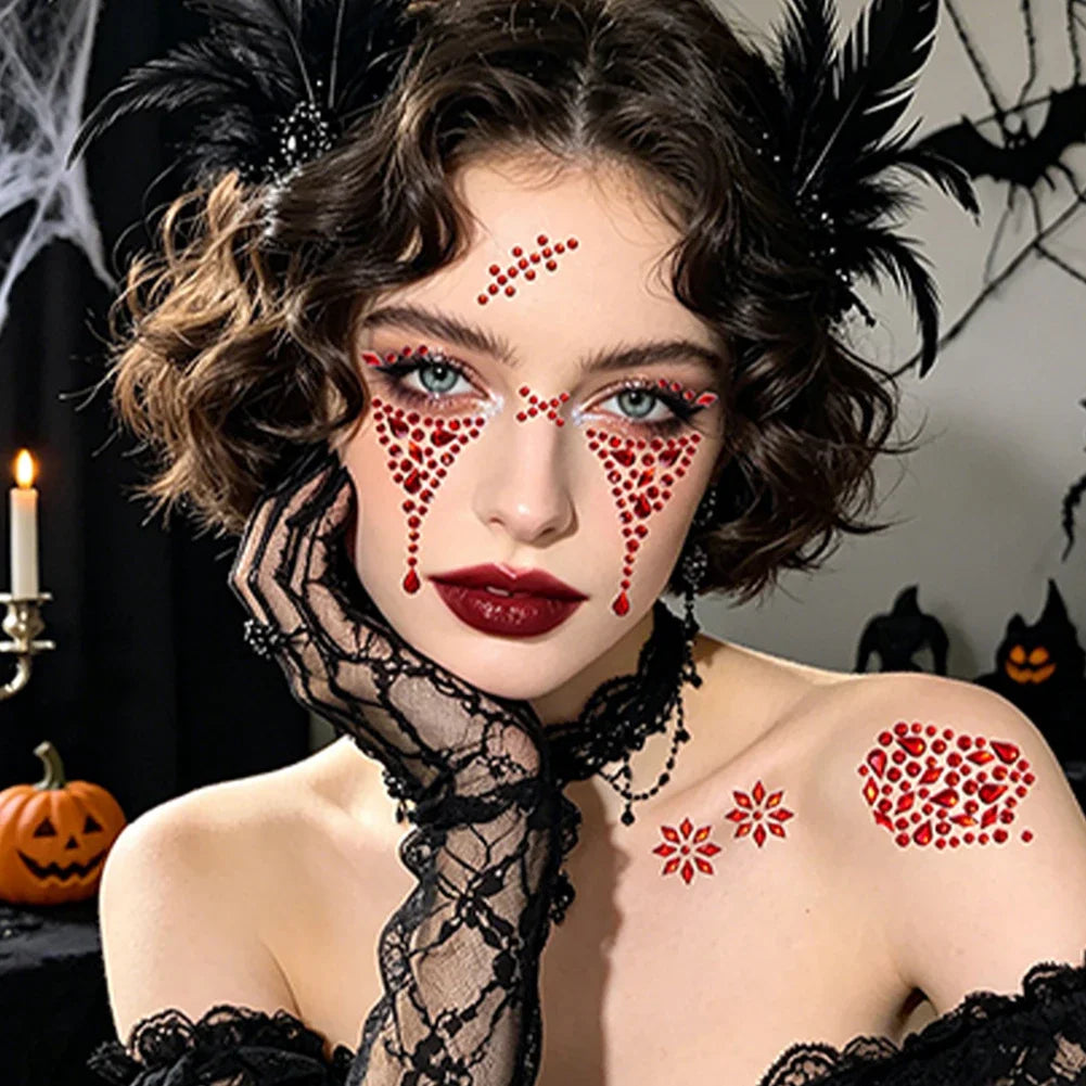 Self‑Adhesive Face Rhinestone Stickers Horror Cosplay Ornament Creative Halloween Red Black Spider Web Cross Scar Gem Decals HIP