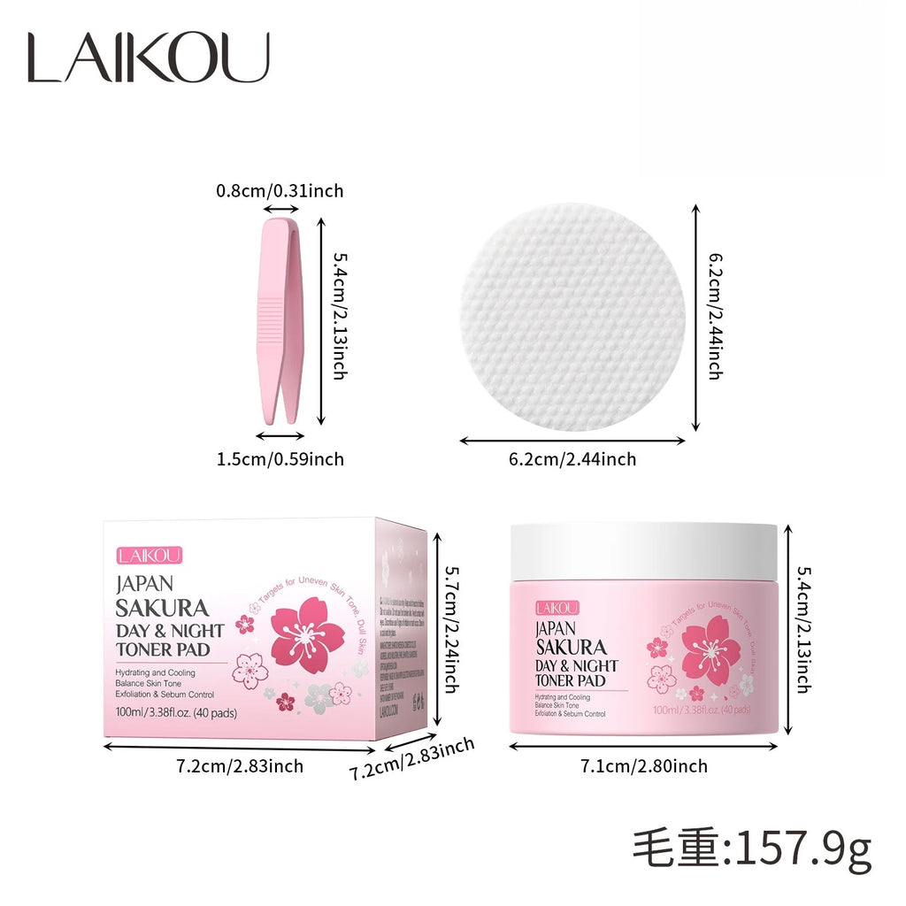LAIKOU Sakura Toner Pads 40ct – Hydrate, Cleanse & Brighten Facial Toner Pads HIP 01 100ml
