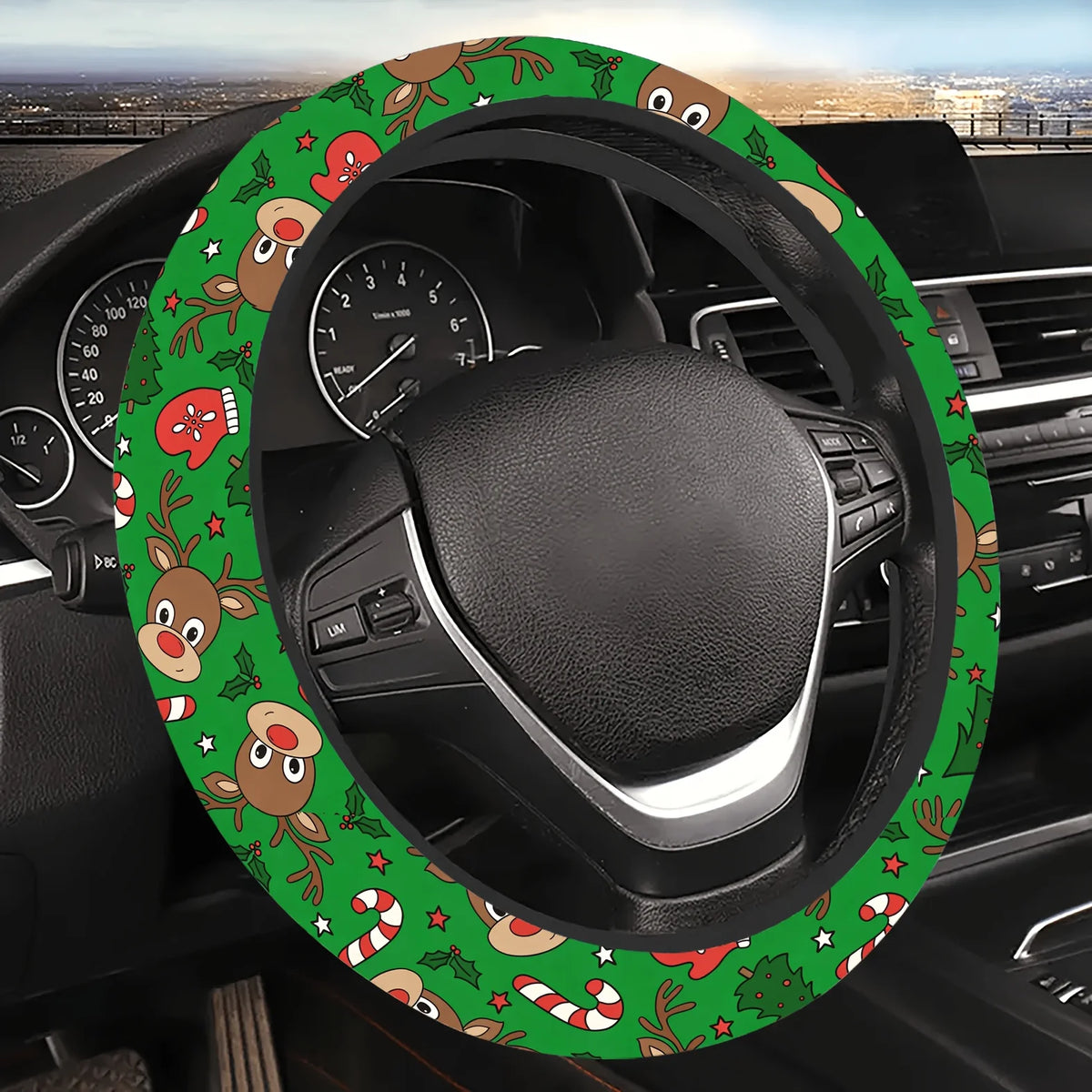Christmas Neoprene Steering Wheel Cover – Reindeer & Tree Steering Wheel Cover HIP black