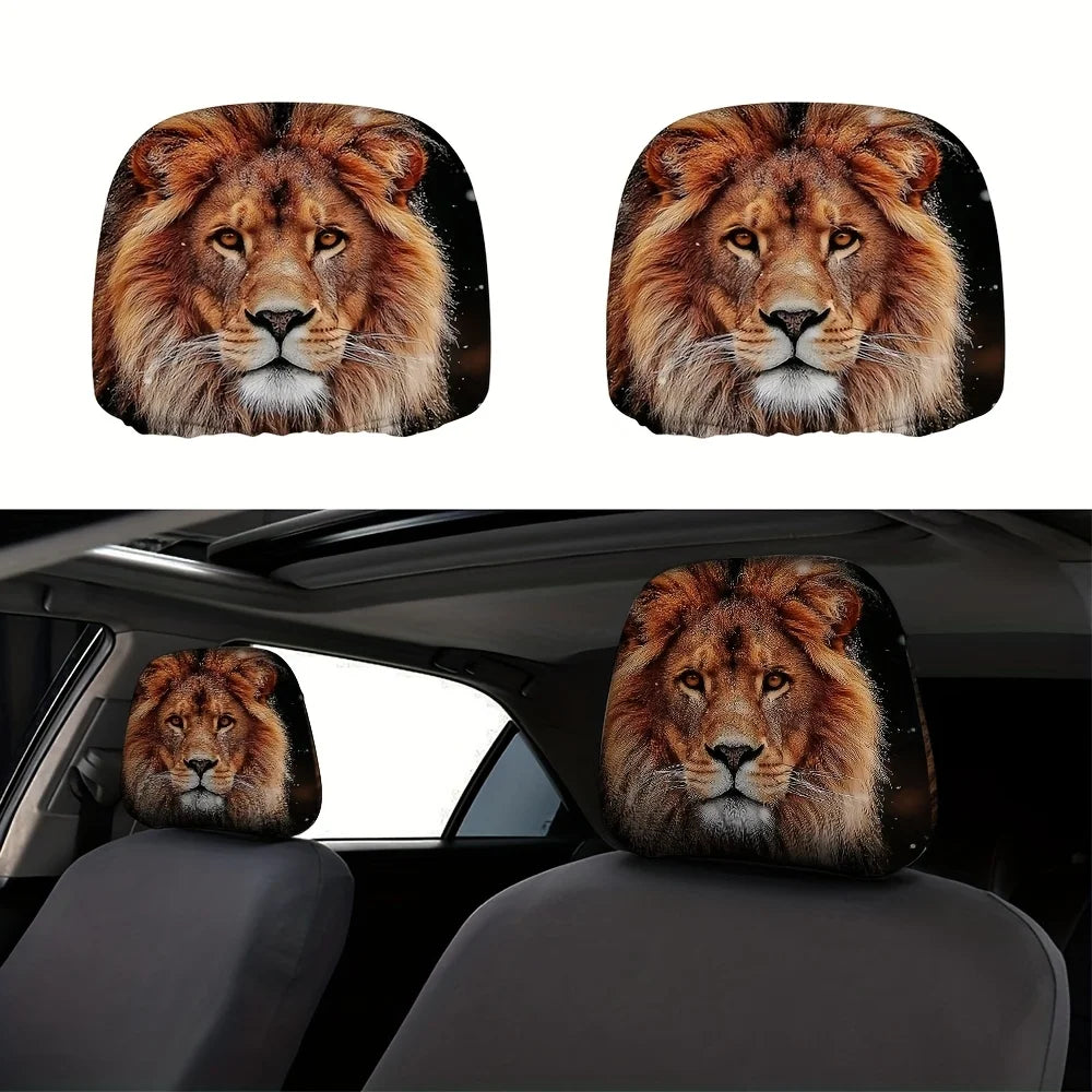 2-Pack Lion Print Car Headrest Covers – Elastic & Reusable Car Headrest Cover HIP 1
