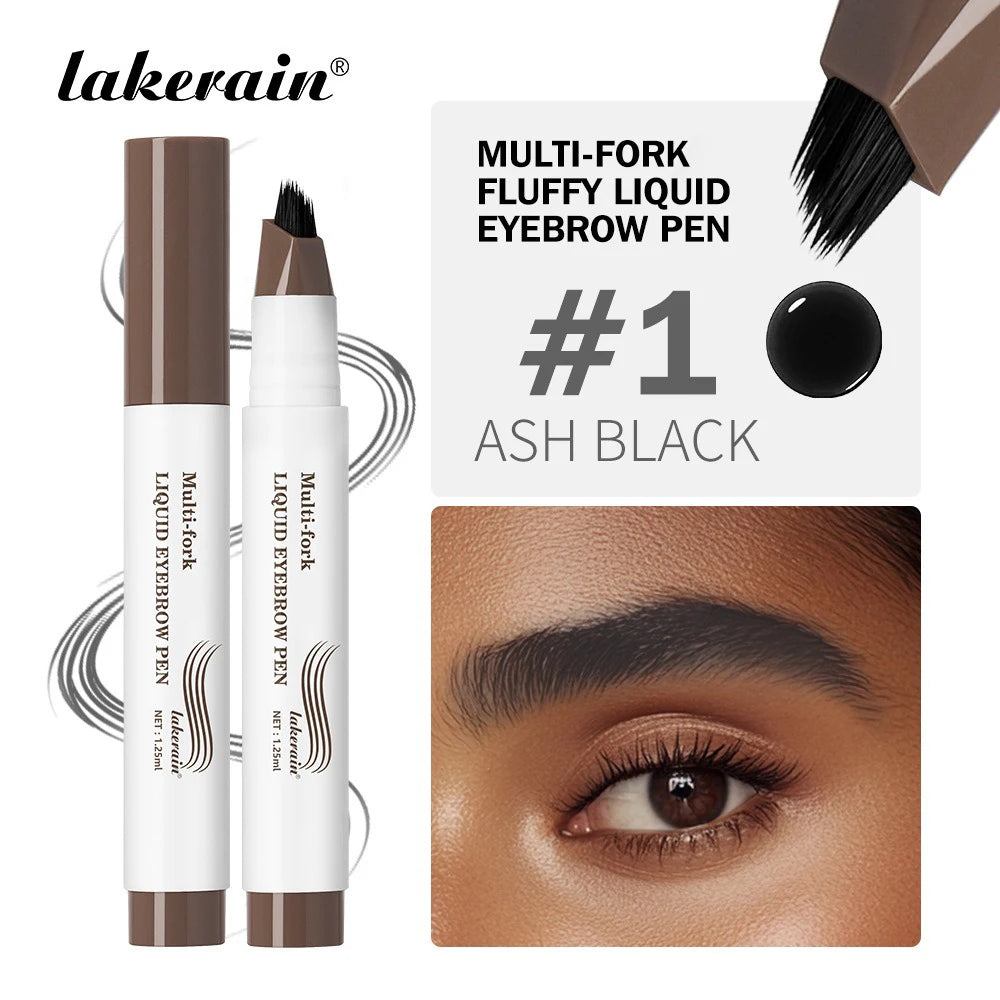 Long Lasting 4D Wild Eyebrow Pen Multi Forks Liquid Pen Tip Fine Sketch Natural Dark Brown Liquid Tattoo Brow Waterproof Makeup HIP 01 Ash Black-1pc