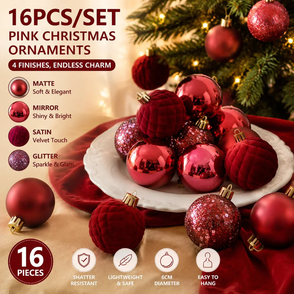 Creative Shatter Resistant 6cm Pink Christmas Tree Ornaments Balls 4 Variants Xmas Ball Decoration 16pcs Christmas Plastic Balls HIP