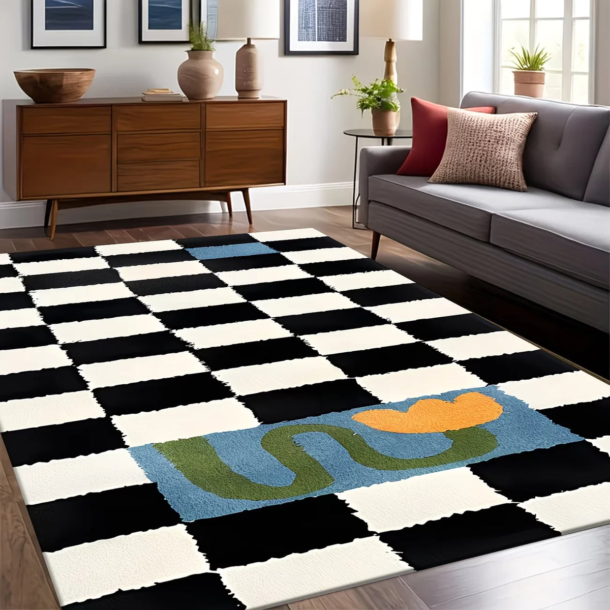 Checkered Floral Non-Slip Rug – Black & White Indoor Mat Decorative Area Rug HIP