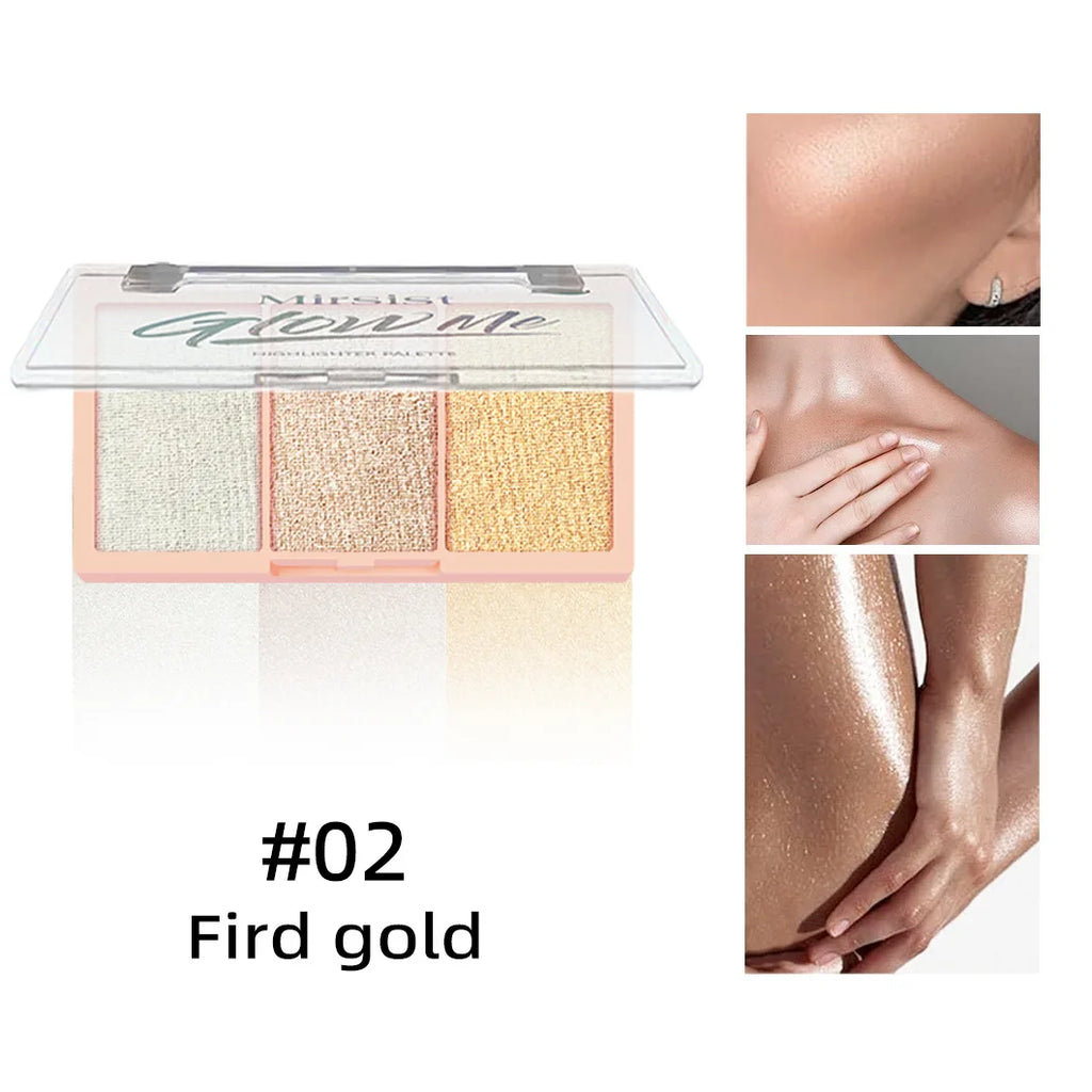Mirsist Tricolor Shimmer Highlighter & Contour Powder Palette Highlighter Palette HIP 02 Fird gold