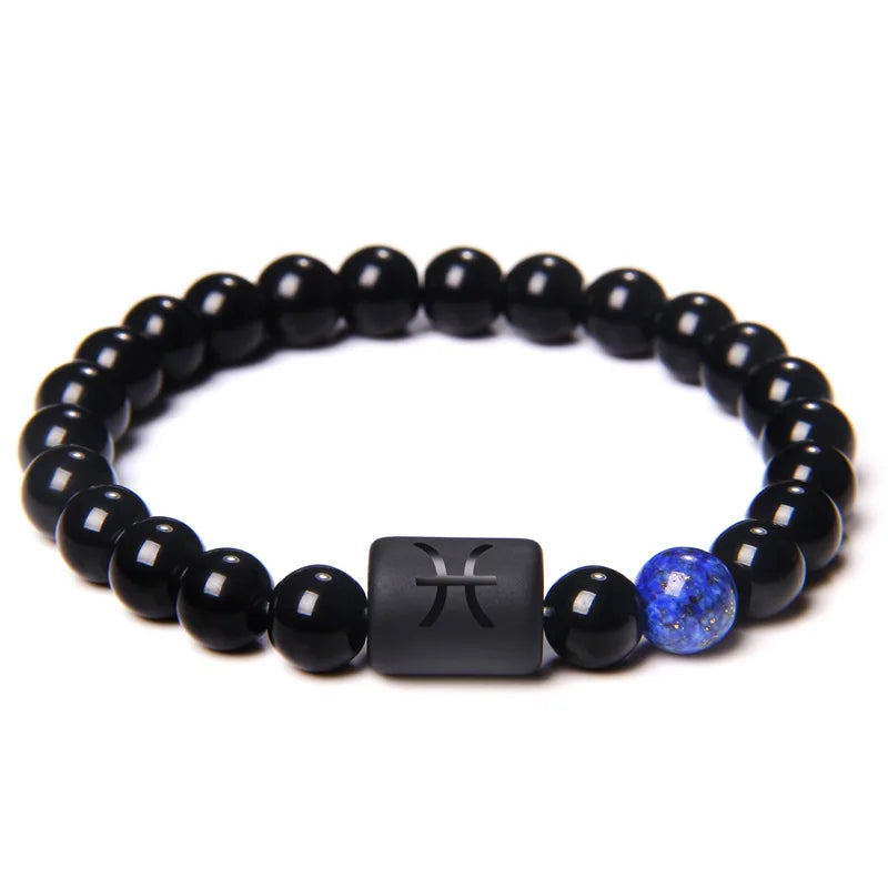 12 Constellation Zodiac Signs Beads Couples Bracelet Natural Black Onyx Stone Elastic Charm Bracelet for Women Men Birthday Gift HIP Pisces