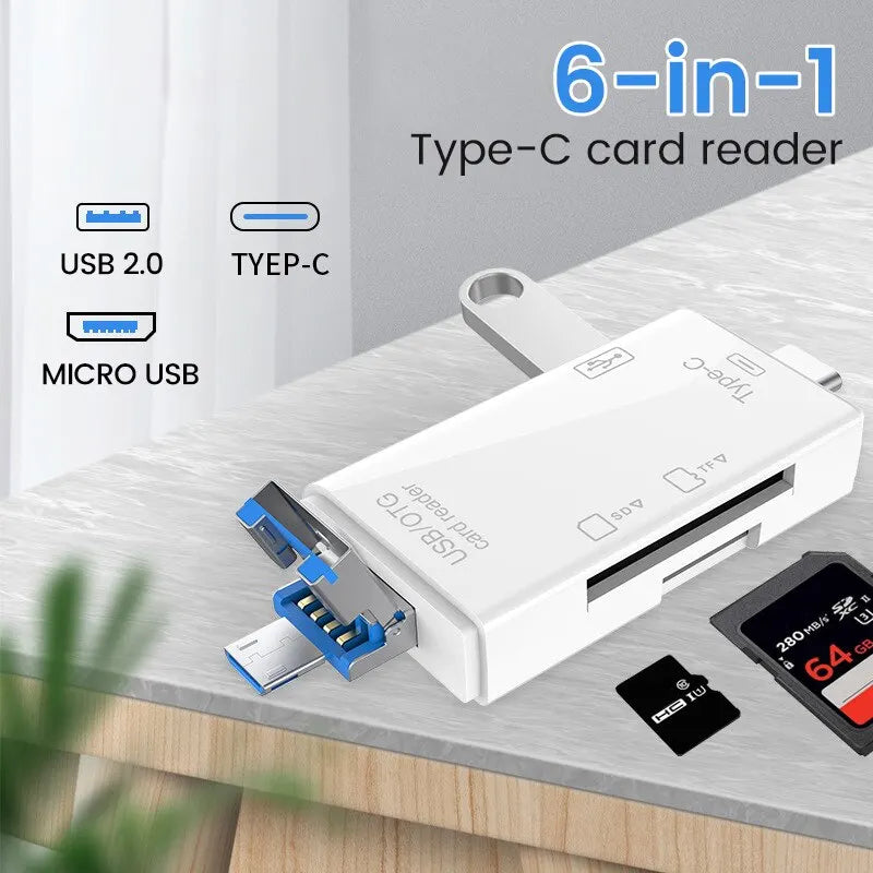 6-in-1 OTG Type-C USB 2.0 Micro SD & TF Card Reader Adapter Memory Card Reader HIP