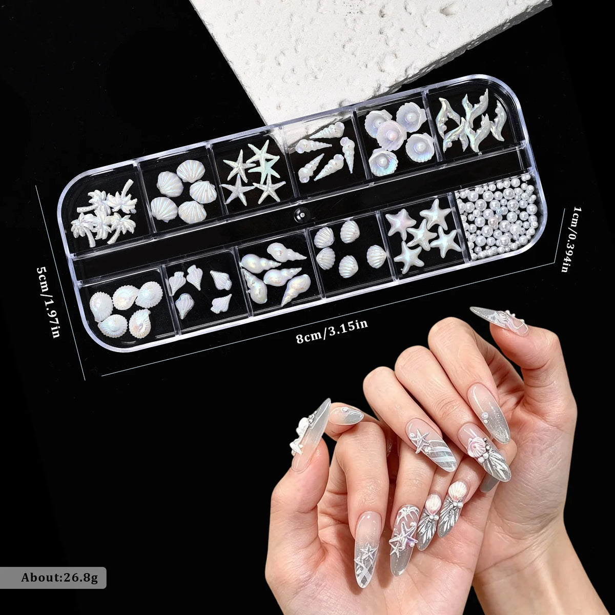 12 Grids Aurora White Blue Starfish Shell Conch Coconut Tree Pearl Nail Rhinestones Decorations Manicure Ocean Life Charms HIP White