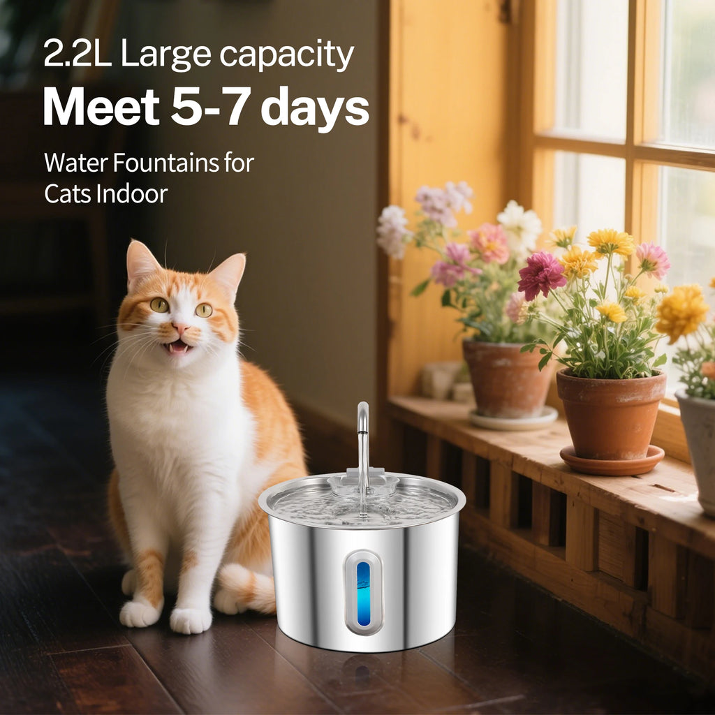 2.2L Stainless Steel Cat Water Fountain,Pet Water Dispenser With Filter,Dog Drinking Fountain For Cats,Ultra Quiet Water Pump HIP