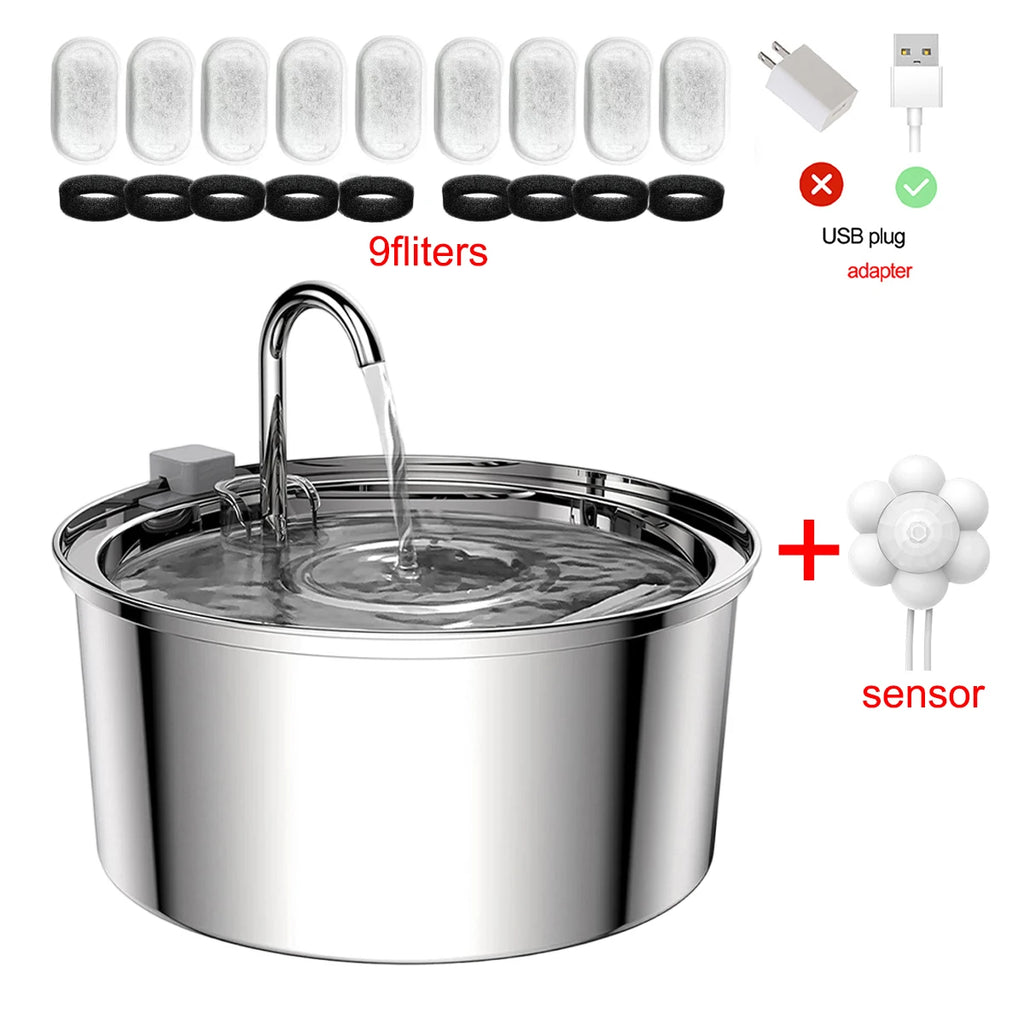 Stainless Steel Pet Water Fountain、3.2L/108oz、Auto、Ultra Quiet Pump、5/9Pcs Replacement Filters、Cats Dogs Multiple Pets HIP 1set-9fliter-sensor No plug