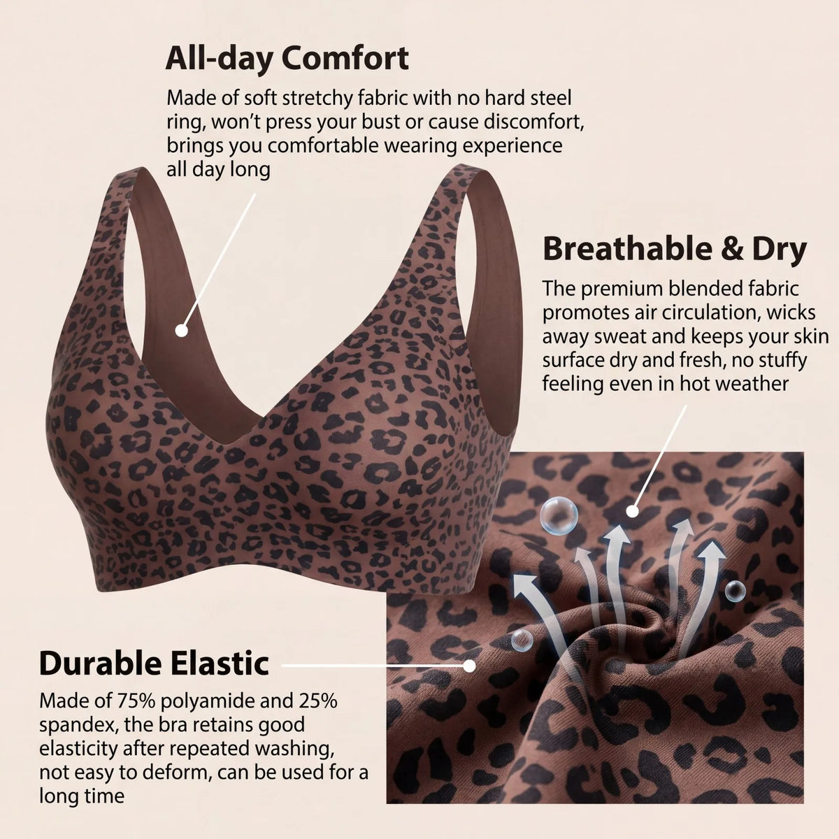 Zeriluna Seamless Wireless Push-Up Bra – Leopard Print Wireless Push-Up Bra HIP Leopard Print XL
