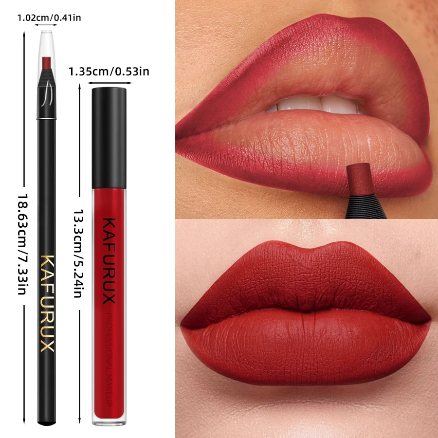 2PCS Sexy Red Lip Liner Pen and Matte Lip Glaze Set Liquid Lipstick Korean Makeup Gifts Lip Gloss High Pigment Lip Tint Cosmetic HIP