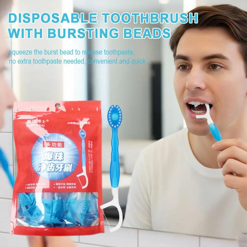 Disposable Toothbrush With Mint Exploding Beads Portable Travel Manual Toothbrush With Floss Pick Waterless Oral Cleaning Tool HIP