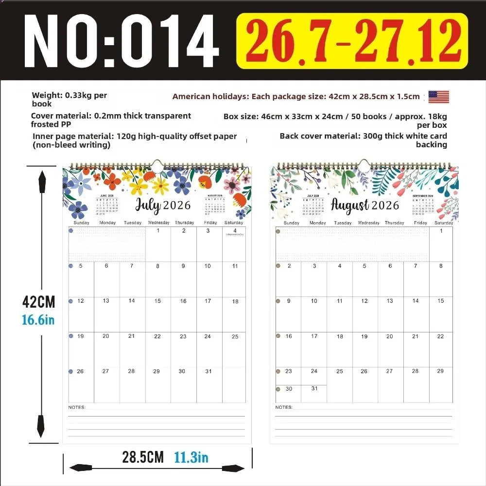 18-Month Wall Calendar 2026–2027 | Holidays Marked, Hook Hang Wall Calendar HIP