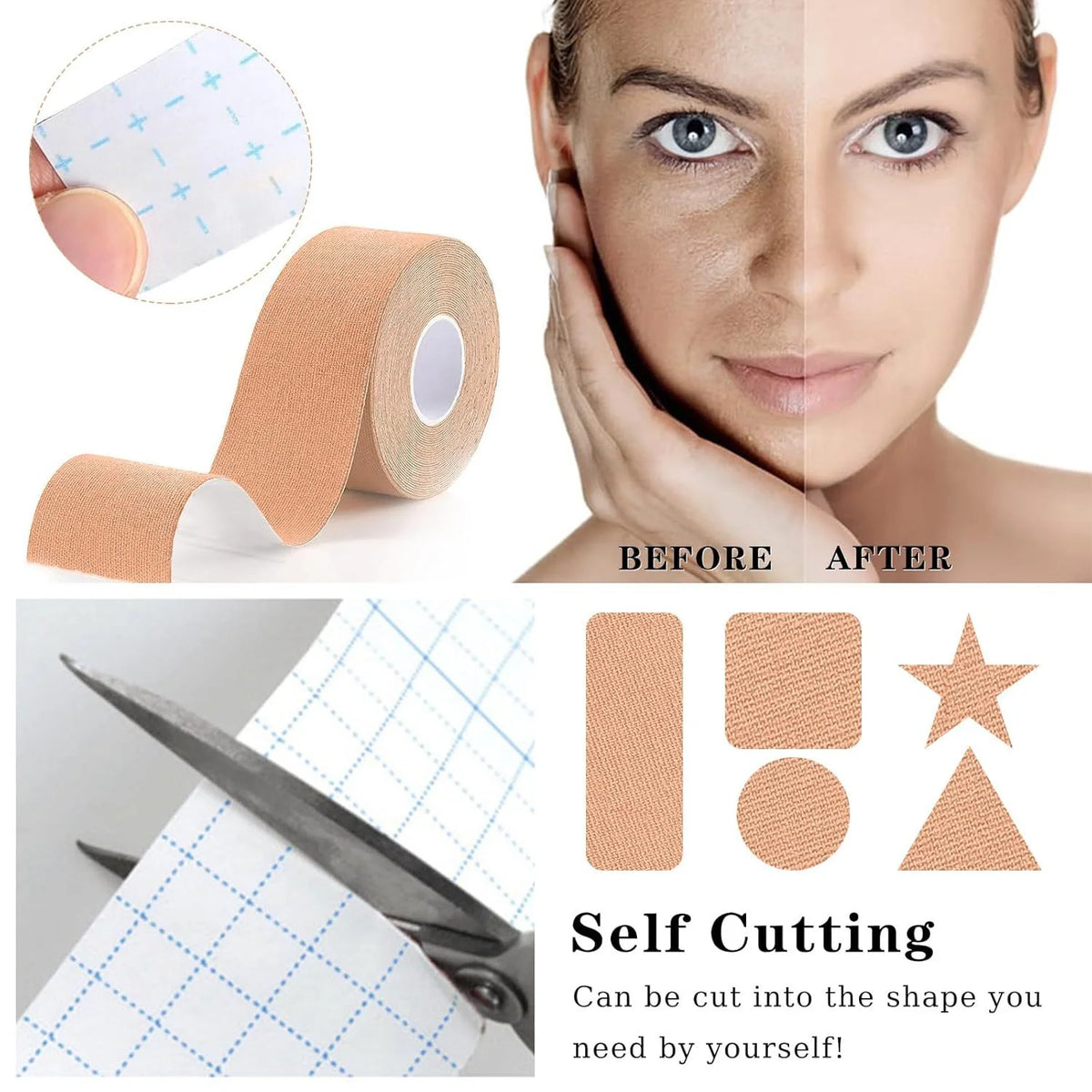 Face Lift Tape, Neck Tape, Facial Tape, Kinesiology Tape for Face Forehead Frown Eye Smile Line Mouth Lip Customer Cut 5cm Wide HIP