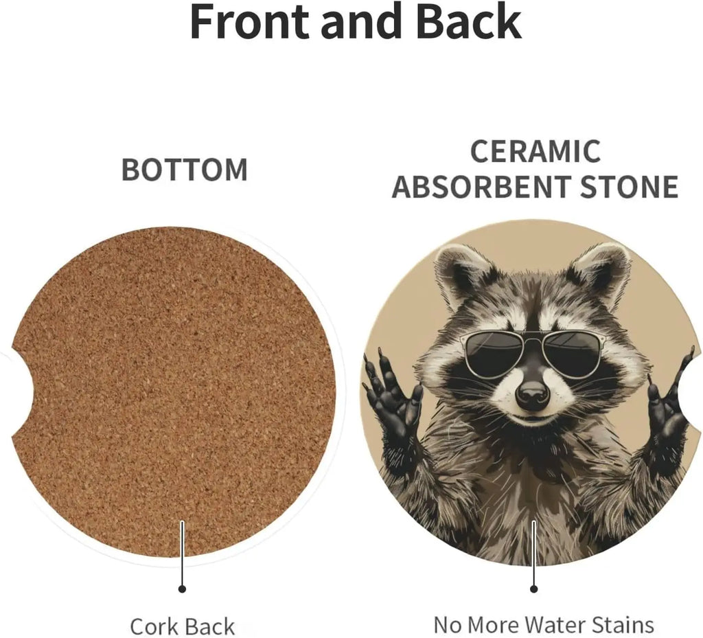 Raccoon Ceramic Car Cup Holder Coasters – Absorbent, 2-Pack Car Cup Coasters HIP