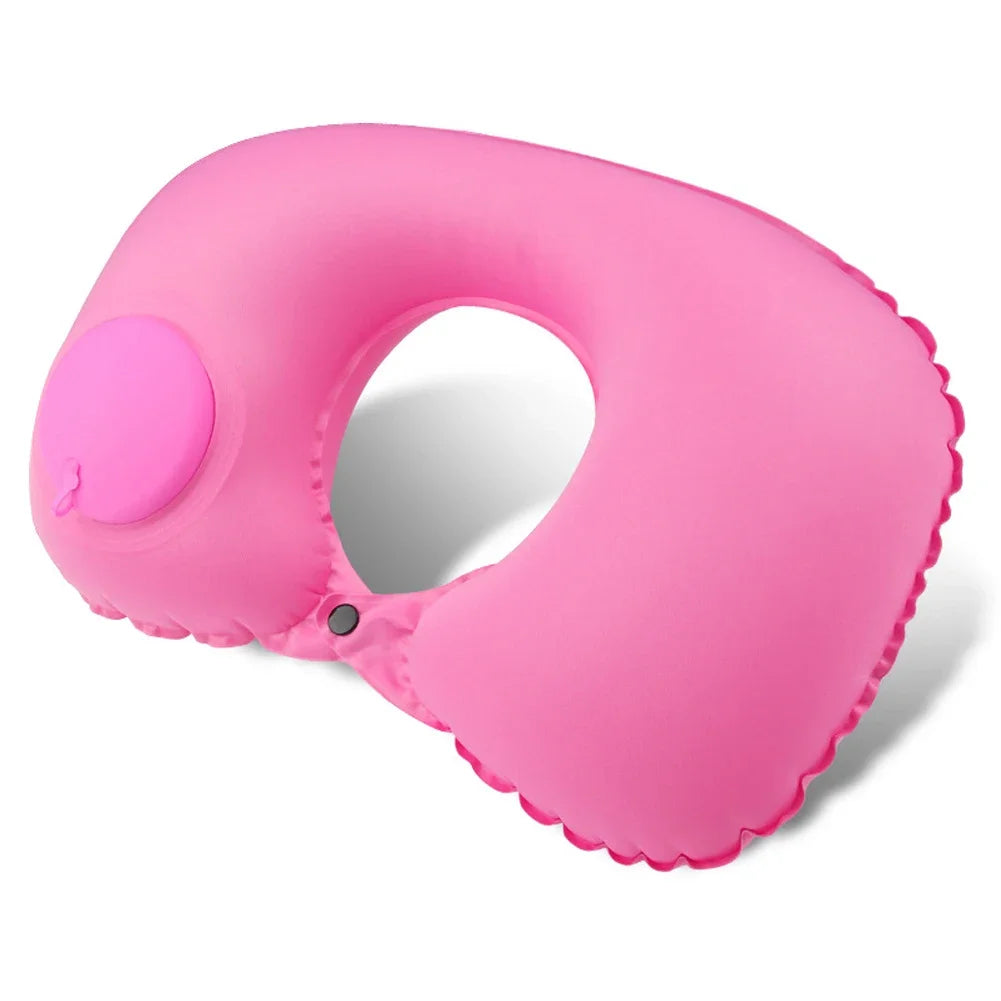 U Shape Neck Cushion Automatic Air Inflatable Pillow Compress Ring Pillow For Airplane Car Outdoor Travel Flocking Milk Fiber HIP Pink-Milk Fiber