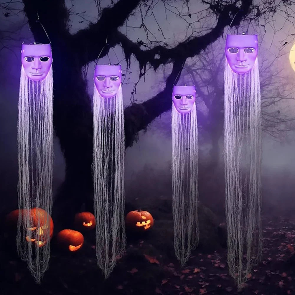 Paintable DIY Face Glowing Ghost Mask 105cm Hanging Long Hair Halloween Prop Yard Indoor Outdoor Haunted House Decor HIP