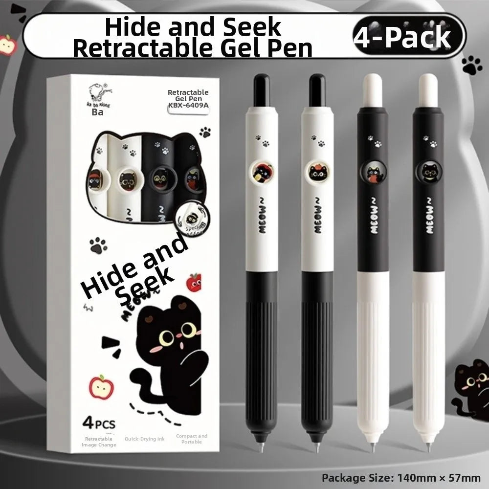 4-Pack Black Cat Gel Pens – 0.5mm Quick-Dry Clicker Pens Gel Pen Set HIP