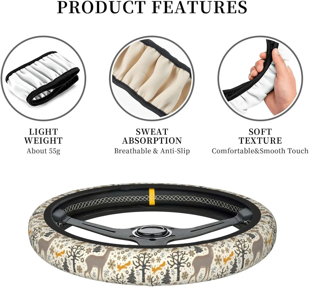 Winter Forest Steering Wheel Cover – Deer, Owl & Fox | 15" Steering Wheel Cover HIP