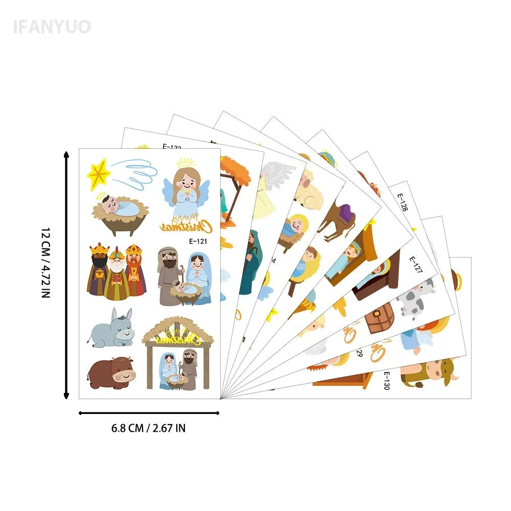 10/20Pcs Merry Christmas Tattoo Stickers Jesus Nativity Gingerbread Santa Elk Small Temporary Tattoo Xmas Kids Gift for Hand Arm HIP