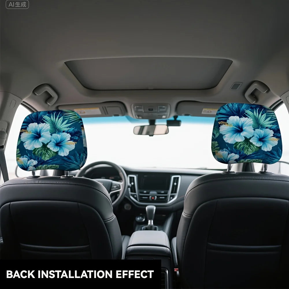 2-Pack Tropical Hibiscus Car Headrest Covers – Blue Floral Car Headrest Covers HIP