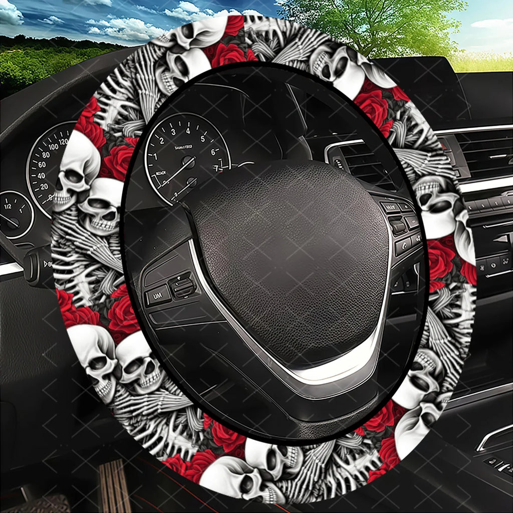 Skull & Roses Steering Wheel Cover – Universal Car & SUV Fit Steering Wheel Cover HIP black