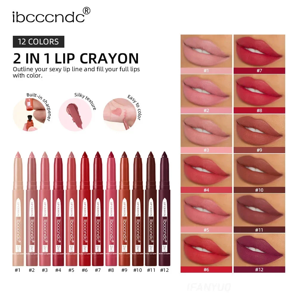 2-in-1 Lip Liner Waterproof Long Lasting Matte Lipstick Pencil Nude Pink Lips Outline Makeup Crayon Stick Lip Tint Line Cosmetic HIP