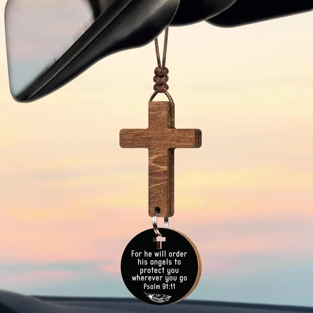 Wood Cross Car Mirror Pendant – Bible Verse Hanging Charm Car Mirror Ornament HIP C
