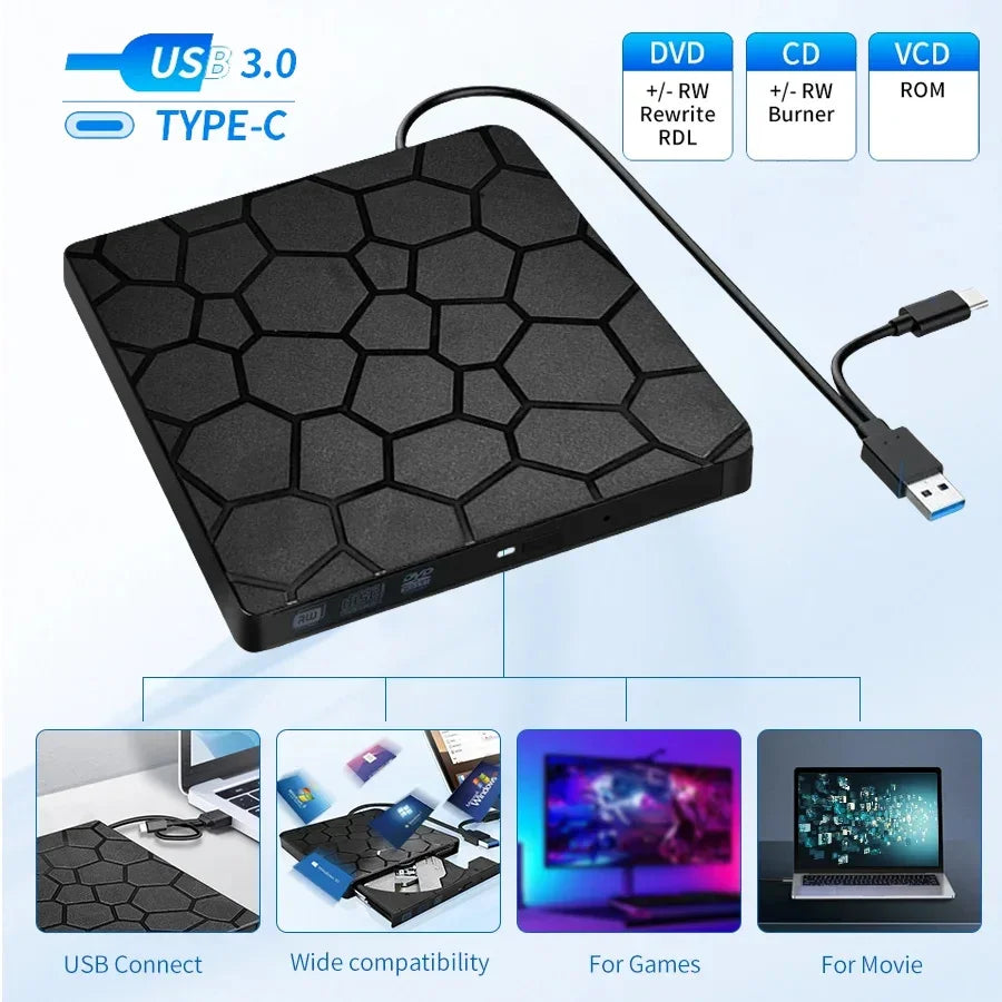 2 in 1 External DVD RW Drive USB 3.0 Type C Interface Slim DVD CD Writer Burner Reader Player Optical Drive For Laptop Notebook HIP