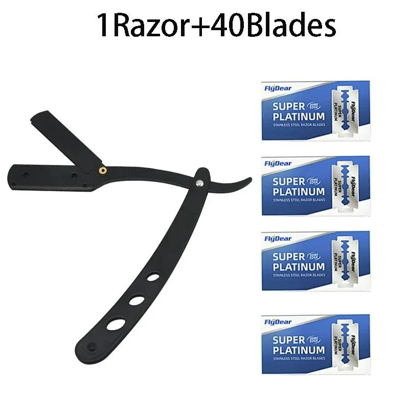 Men's Straight Edge Folding Razor – Stainless Steel + Blades Straight Edge Razor HIP C635-1Razor 40blades