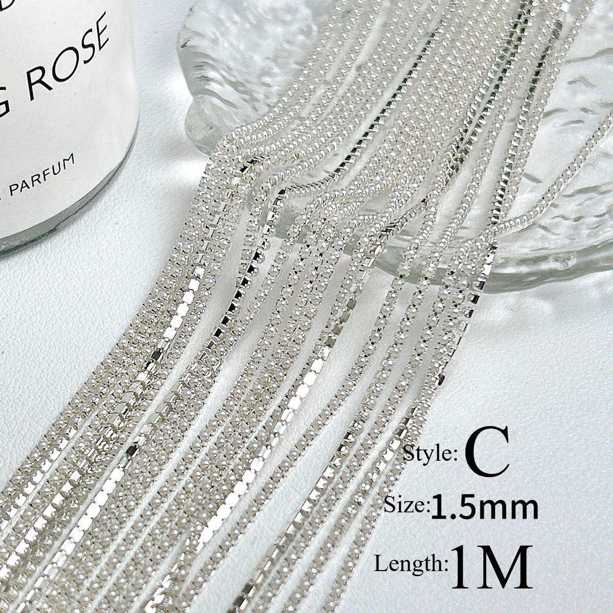 100cm Long Luxury Crystal Chain Nail Charms 1.5/2mm Shinying Clear/AB Diamond Nail Art Metal Steel French Manicure Crystal HIP C silver