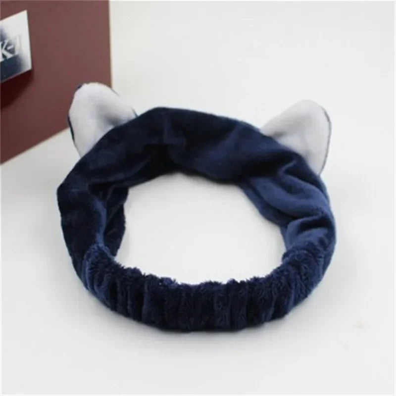 Headband for Washing Wash Face Rabbit Cat Makeup Hairbands Girls Elastic Holder Hair Strap Bands Ears Turban Hair Accessories HIP Navy Blue
