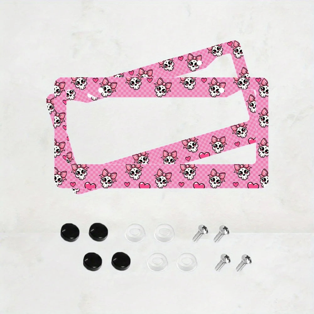 2-Pack Pink Skull Aluminum License Plate Frames + Screws License Plate Frame HIP 1