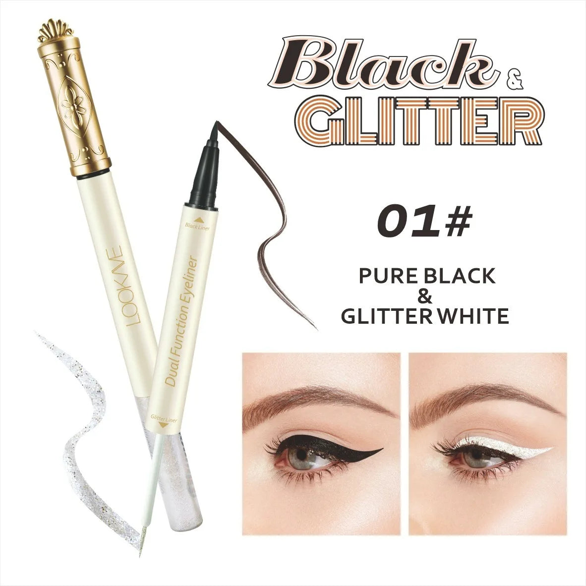 Dual Eyeliner Wand Pearlescent Diamond Eye Shadow Liquid Sequins Smooth Mini Fine Brush Black Silver Gold Glitter Eye Pigment HIP 01