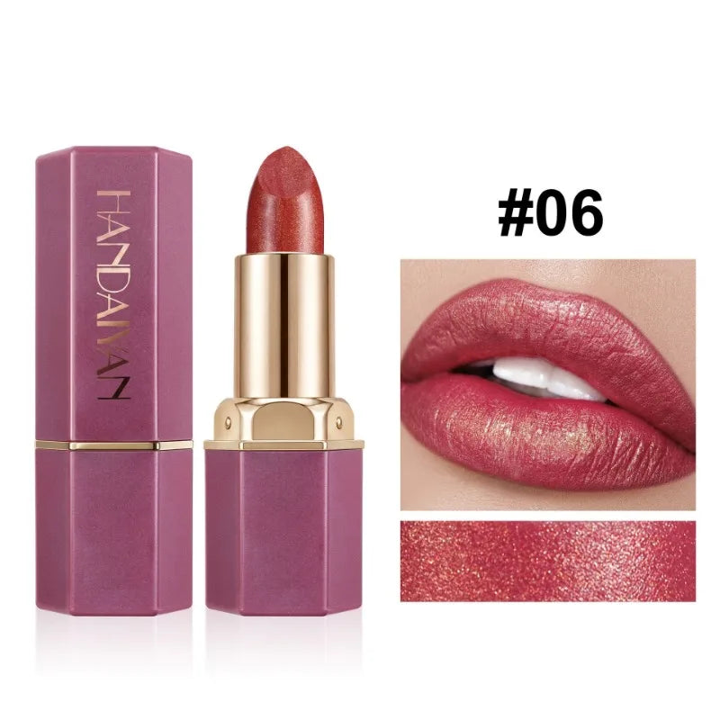 Pearlescent Glitter Lipstick Hexagonal Gold‑plated Tube Design Moisturizing Shiny Lip Stick Long Wear Non‑dry Women Lips Makeup HIP 06