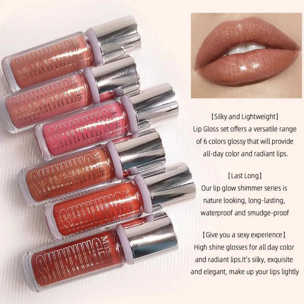 Mirsist 6-Color Shimmer Lip Gloss Set – Hydrating & Waterproof Shimmer Lip Gloss Set HIP