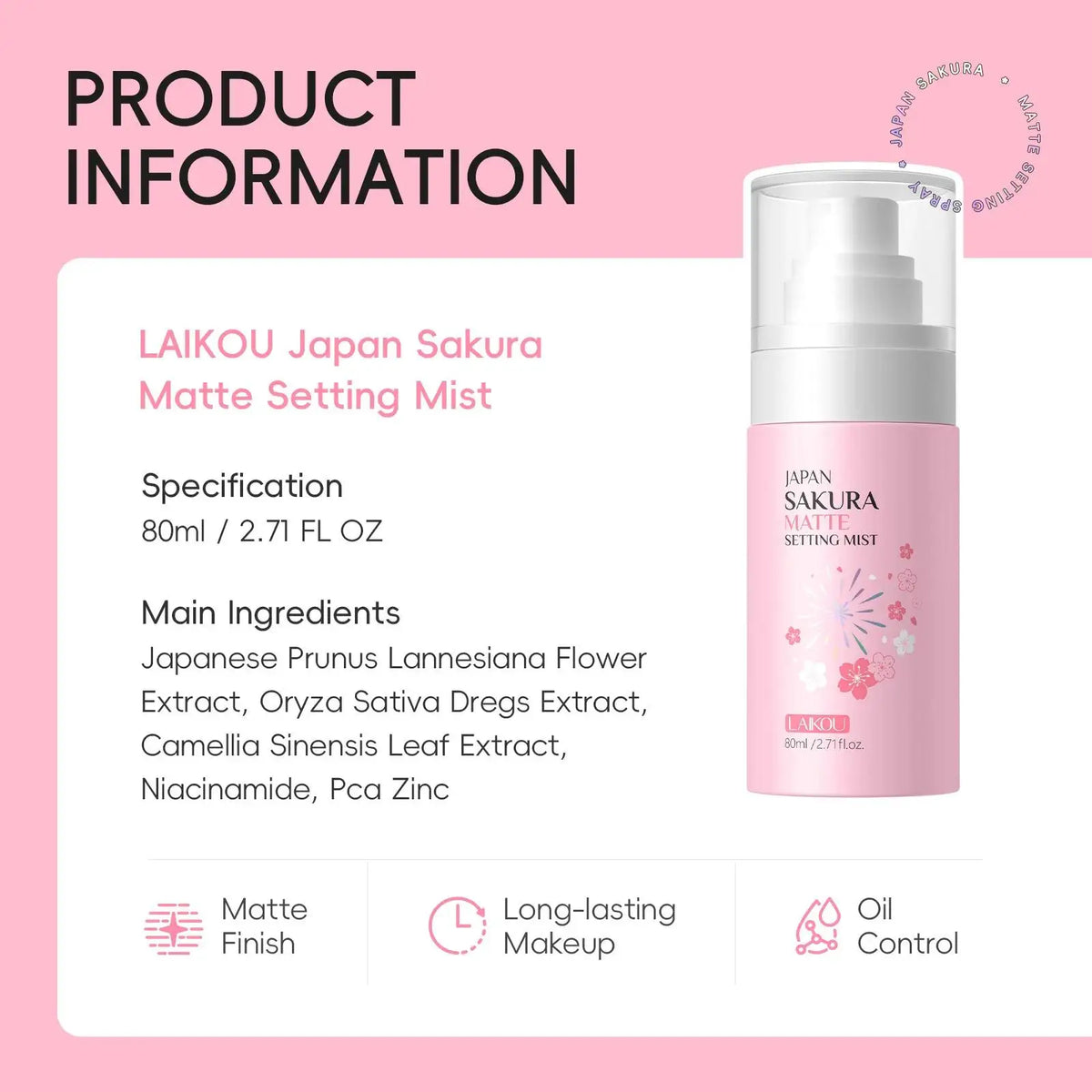 LAIKOU Sakura Matte Setting Spray – Oil Control 80ml Makeup Setting Spray HIP