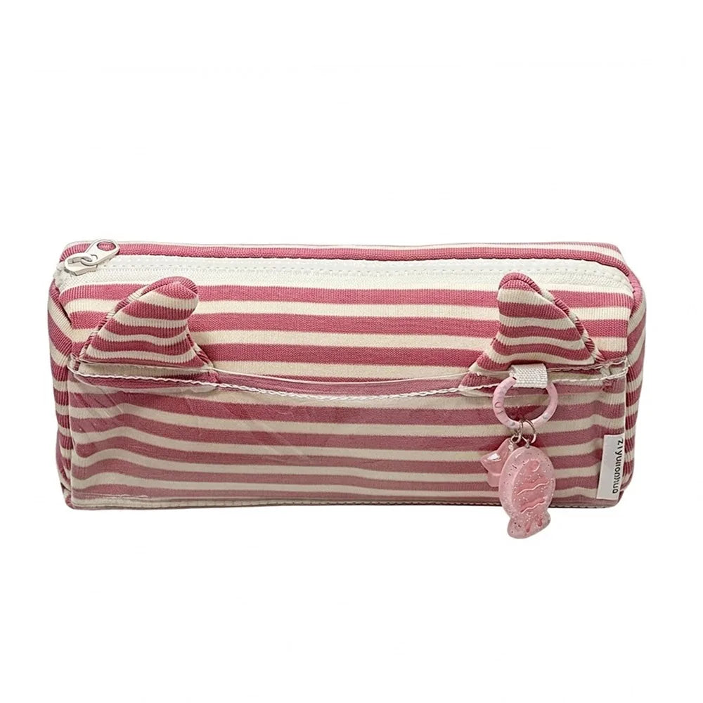 Pink Cat Ear Pencil Case – Large Capacity Canvas Pen Bag Canvas Pencil Case HIP Pink White-Only Bag