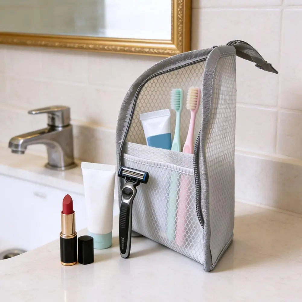 Portable Mesh Standing Toiletry Bag, Lightweight Foldable Clear Hanging Travel Organiser for Toothbrush & Travel HIP