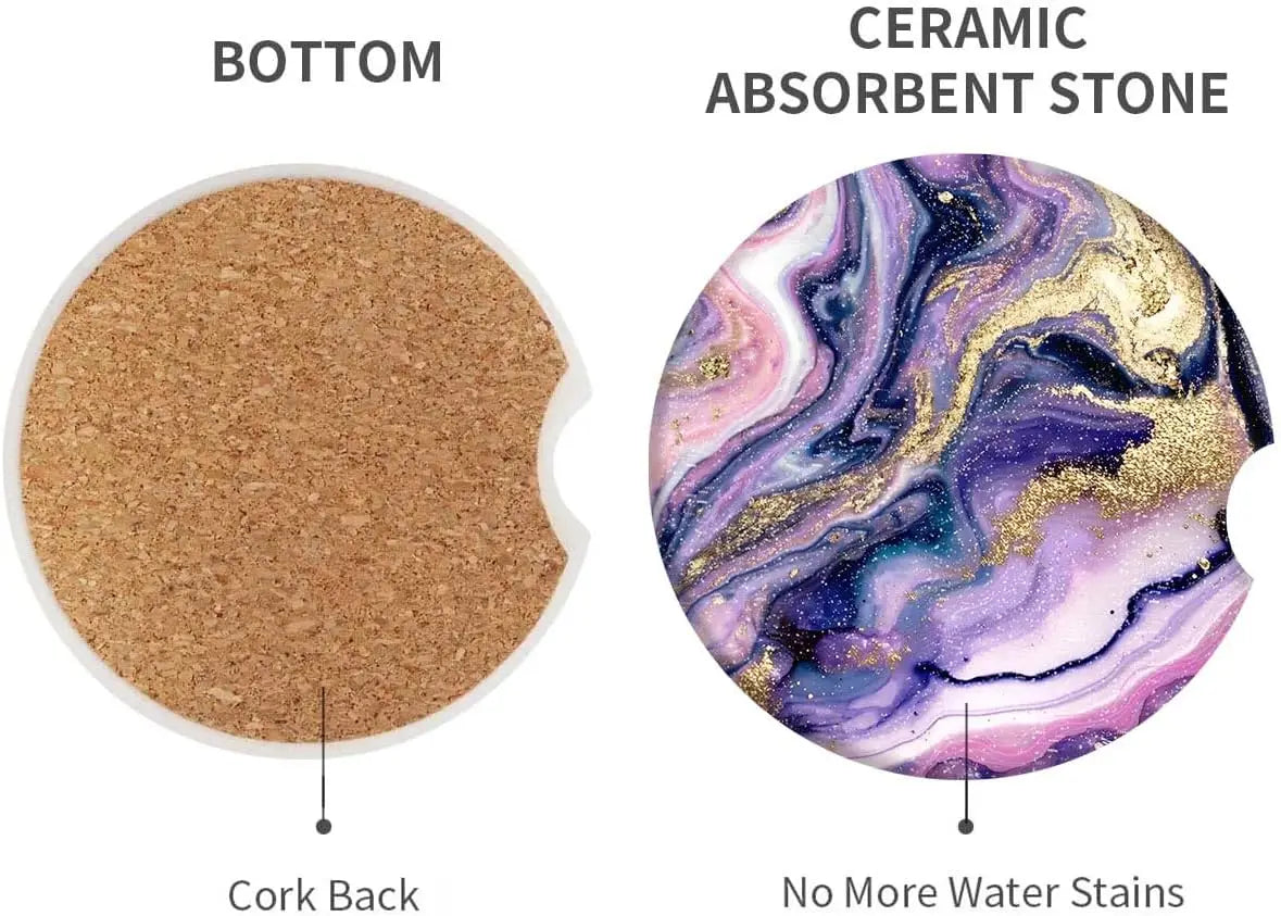 Purple Marble Car Coasters 2-Pack – Absorbent Ceramic Cup Holders Car Cup Coasters HIP