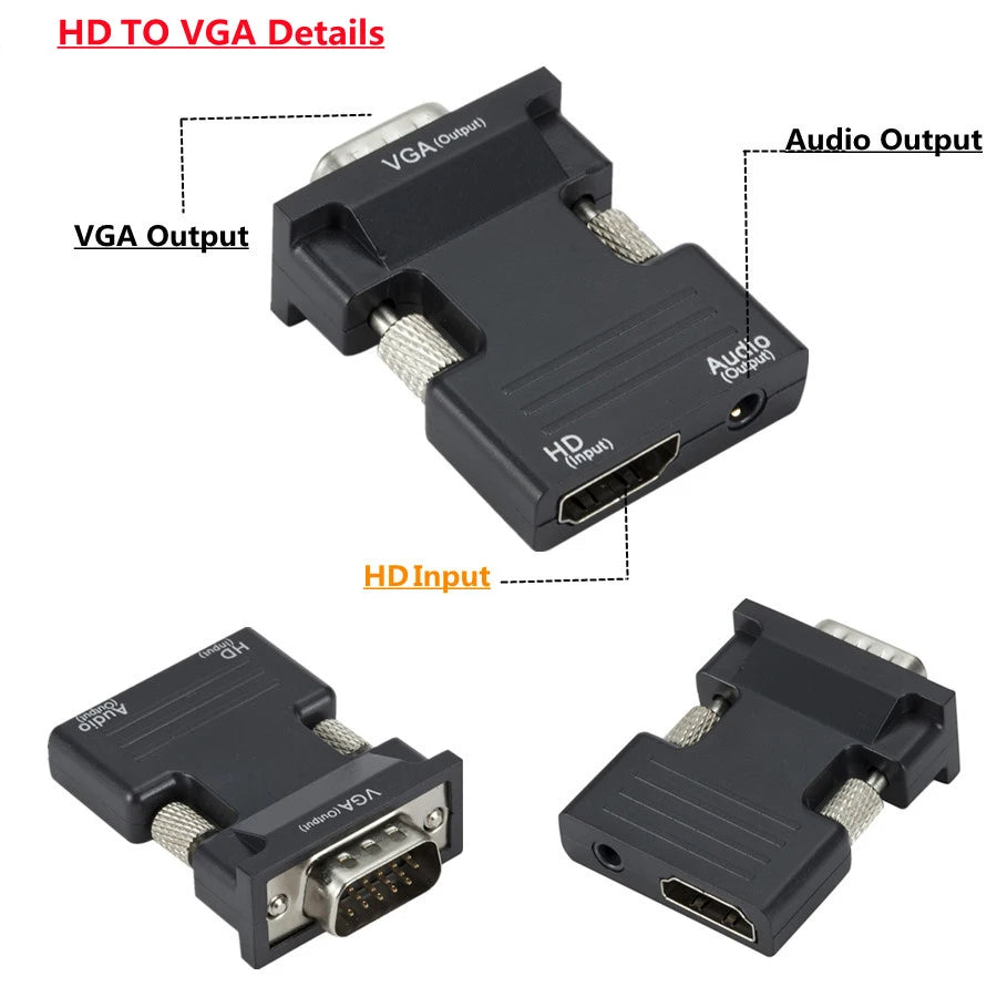 HDMI to VGA Adapter 1080P with 3.5mm Audio – PS4, Laptop, Projector Video Adapter HIP