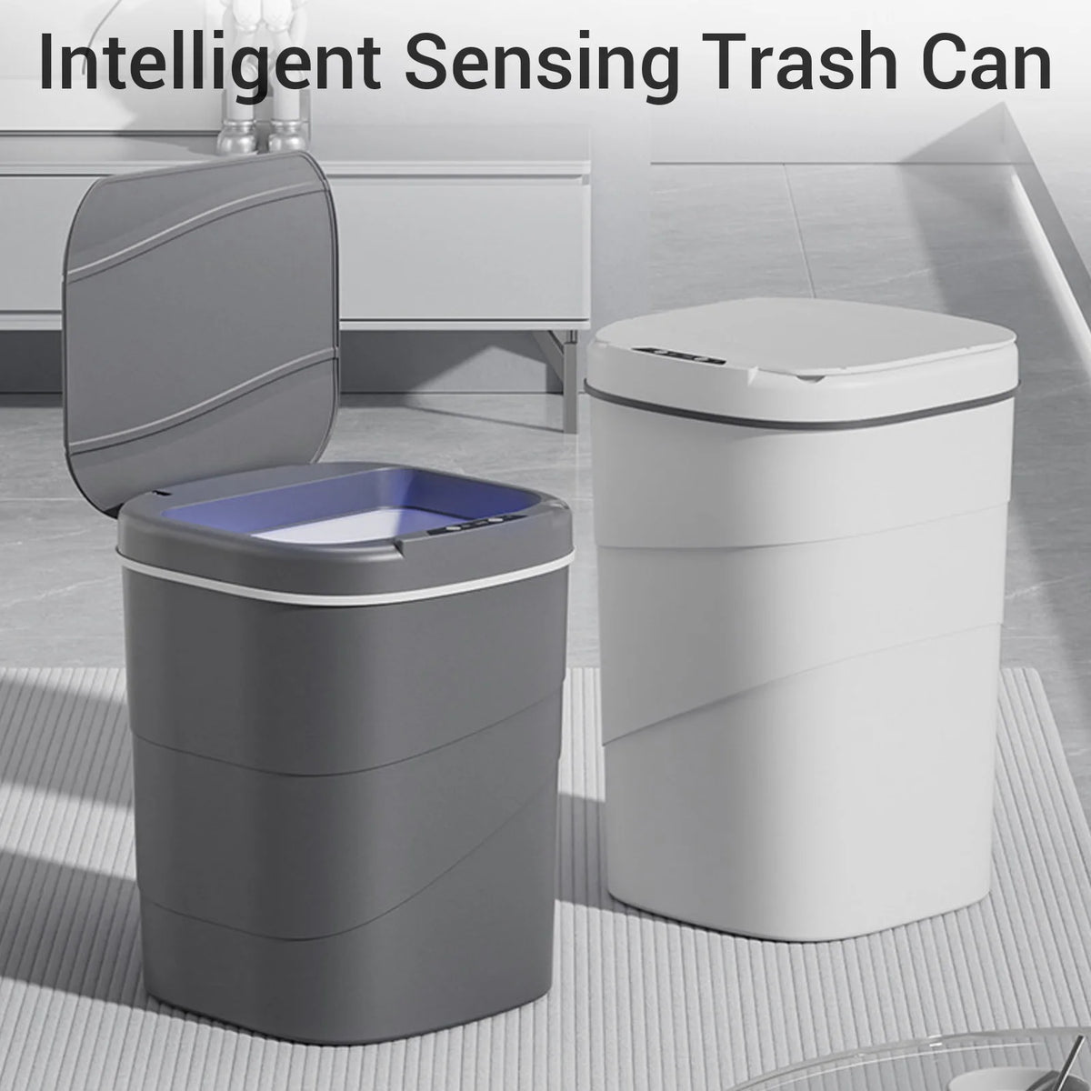 Motion Sensor Trash Can 18L Automatic Touchless Garbage Bin with Blue Luminous Press Ring for Bathroom Kitchen Living Room HIP