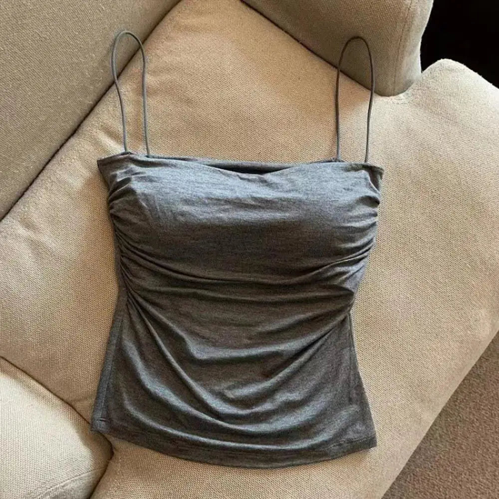 Y2K Sexy Tank Tops Women Spaghetti Strap Crop Top With Bra Bodycon Sleeveless Cami Tube Top Basic Camisole Tees Korean Clothes HIP grey One Size