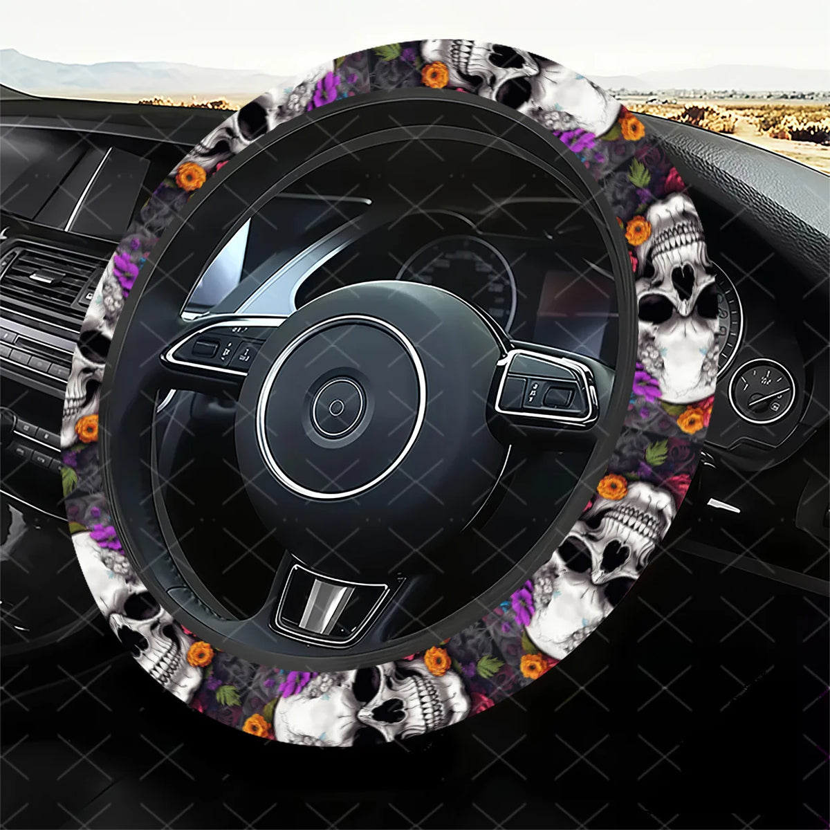 Sugar Skull Flower Steering Wheel Cover – Cars, SUVs & Trucks Steering Wheel Cover HIP