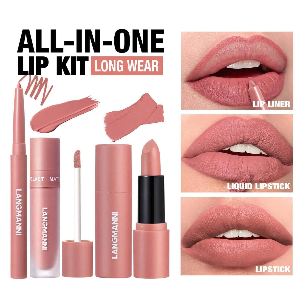 LANGMANNI 3-Pc Matte Liquid Lipstick & Lip Liner Kit Lip Makeup Kit HIP