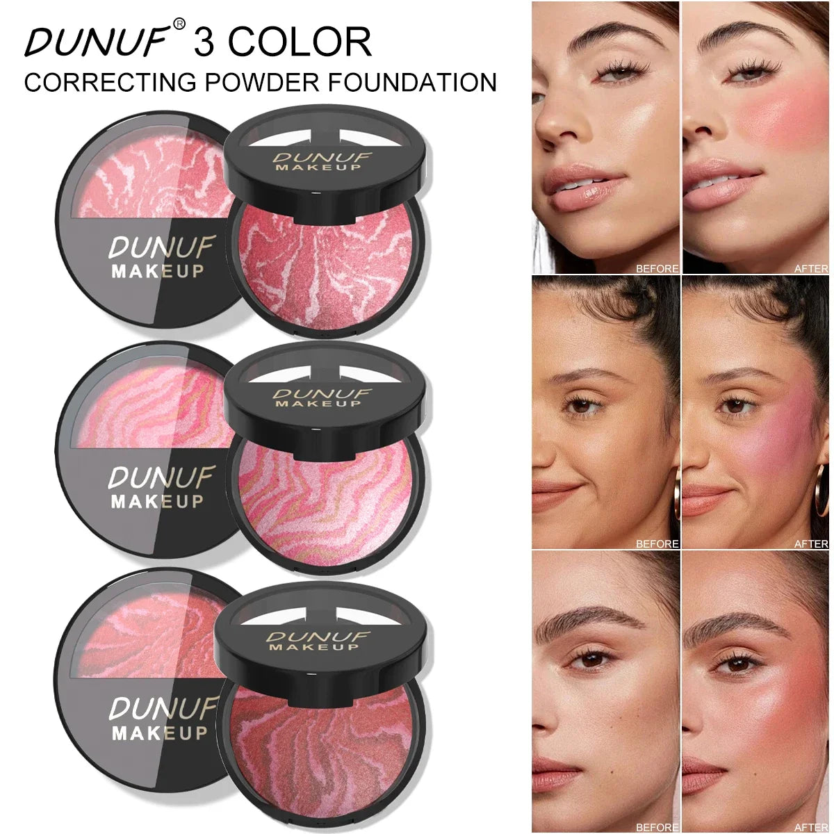 DUNUF 3-Color Baked Blush Palette – Waterproof & Long-Lasting Baked Blush Palette HIP