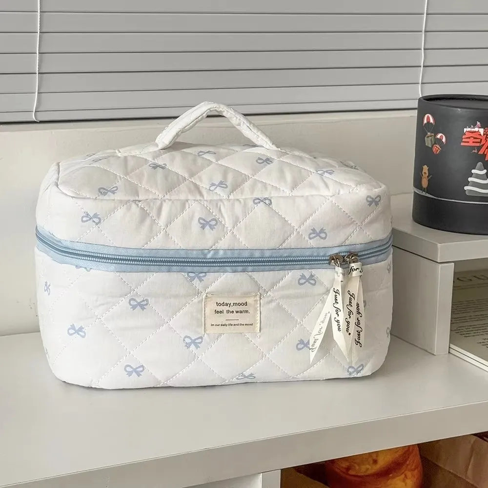 Blue Bow Cotton Makeup Bag Set – 3-Piece Travel Cosmetic Pouch Cosmetic Bag Set HIP