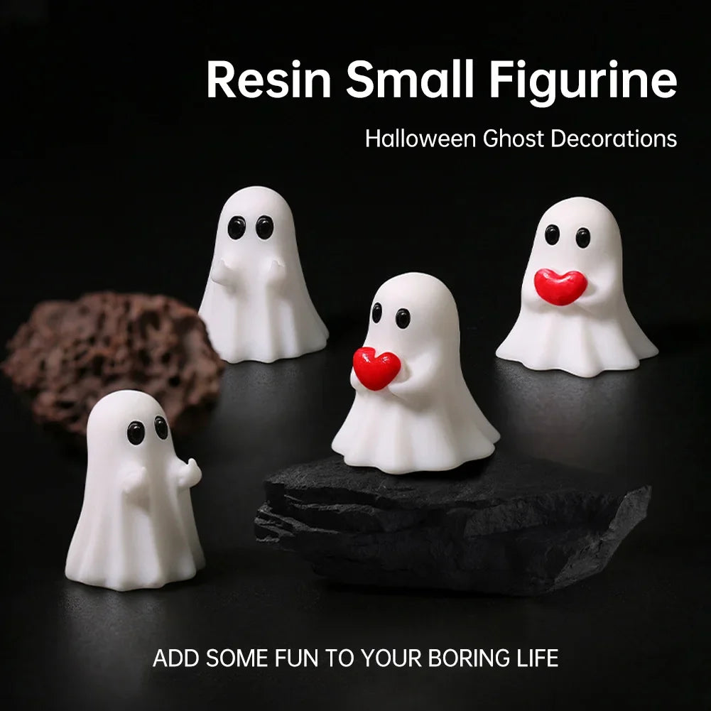 Cute Funny Mini Ghost Resin Figurine Middle Finger Ghost Halloween Desktop Party Ornament Heart Holding Ghost Statue Decoration HIP