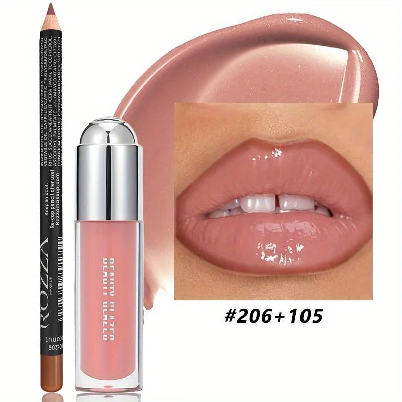 2Pcs Lip Gloss & Lip Liner Set Lip Kit Natural Nude Lip Glow Waterproof Longlasting Lip oil Liquid Lipstick Lip Liner Combo HIP SET1