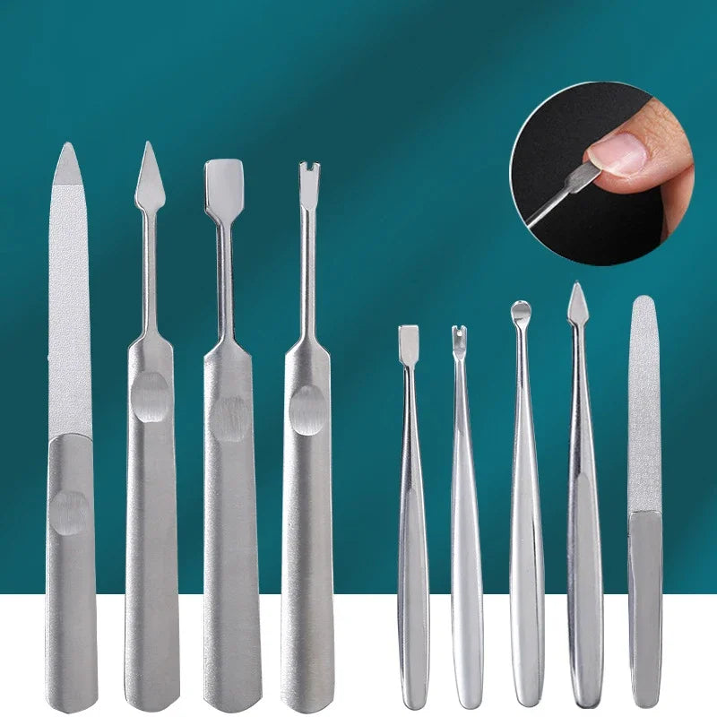 Stainless Steel Nail File Manicure Steel Push Double Side Scrub Cuticle Cutter Hangnail Fork Remove Nail Polish Salon Care Tools HIP